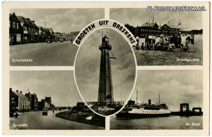 ansichtkaart: Breskens, Scheldekade - Spuiplein - Strandgezicht - Pr. Boot - Vuurtoren