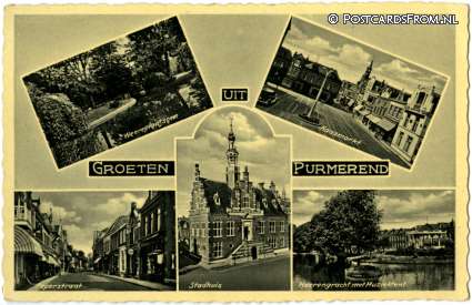 Purmerend, Plantsoen - Kaasmarkt - Peperstraat - Stadhuis - Heerengracht ansichtkaart: Purmerend, Plantsoen - Kaasmarkt - Peperstraat - Stadhuis - Heerengracht