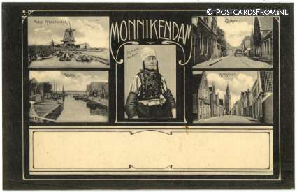 Monnickendam, Groeten uit. Molen Kloosterdyk - Zarken - Haven - Kerkstraat ansichtkaart: Monnickendam, Groeten uit. Molen Kloosterdyk - Zarken - Haven - Kerkstraat