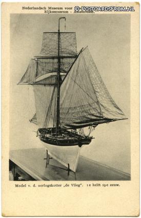 Amsterdam, Rijksmuseum. Model v.d. oorlogskotter 'de Vlieg' ansichtkaart: Amsterdam, Rijksmuseum. Model v.d. oorlogskotter 'de Vlieg'