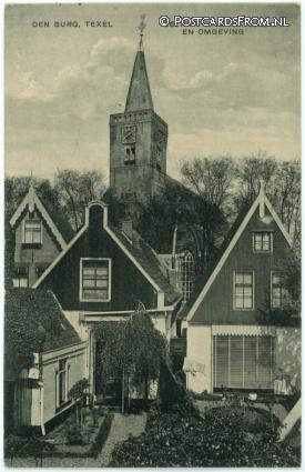 ansichtkaart: Den Burg, Gezicht op Kerktoren en omgeving