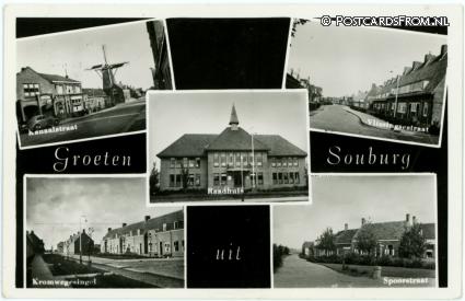 ansichtkaart: Oost- en West-Souburg, Kanaalstraat - Vlissingsestraat - Kromwegesingel - Spoorstraat