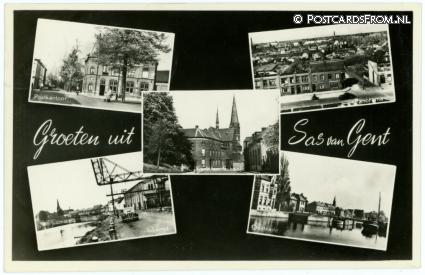 ansichtkaart: Sas van Gent, Postkantoor - R.K. Kerk en School - Inkomst - Oostkade