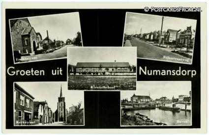 Numansdorp, Emmastraat - Rijksstraatweg - Kerkstraat - Haven - Kleuterschool ansichtkaart: Numansdorp, Emmastraat - Rijksstraatweg - Kerkstraat - Haven - Kleuterschool