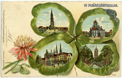 ansichtkaart: Delft, Markt - Stadhuis - Oude Delft