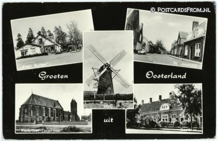 ansichtkaart: Oosterland ZL, Even Buiten - St. Joostdijk - Molen - Kerk - Gasthuis