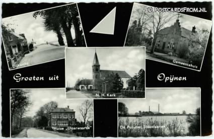 ansichtkaart: Opijnen, Dijkzicht - Gemeentehuis - Kerk - Huize Uiterwaarde - Steenfabr.