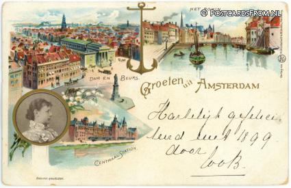 ansichtkaart: Amsterdam, Groeten uit. Dam en Beurs - Rokin - Centraal Station