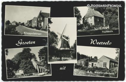 ansichtkaart: Weerselo, Kluppelstraat - Stifthuis- Stiftkerk - Huishoudschool