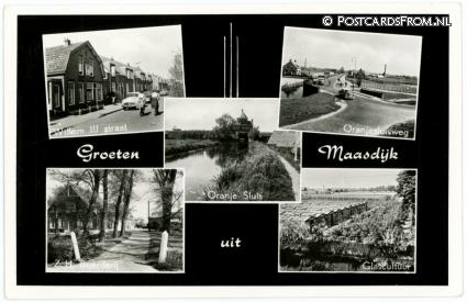Maasdijk, Willem III straat - Oranjesluisweg - Boerderij - Glascultuur ansichtkaart: Maasdijk, Willem III straat - Oranjesluisweg - Boerderij - Glascultuur