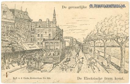 Rotterdam, De gevaarlijke Nieuwe Binnenweg. De Electrische tram komt ansichtkaart: Rotterdam, De gevaarlijke Nieuwe Binnenweg. De Electrische tram komt