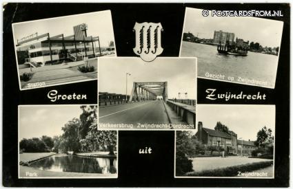 ansichtkaart: Zwijndrecht, Station - Veer - Brug - Stadhuis - Park