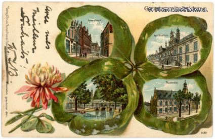 ansichtkaart: Leiden, Breestraat - Stadhuis - Korenbeurs - Academie
