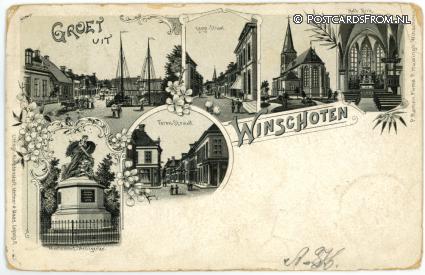 ansichtkaart: Winschoten, Lange-Straat - Kath. Kerk - Monument Heiligerlee - Toren-straat