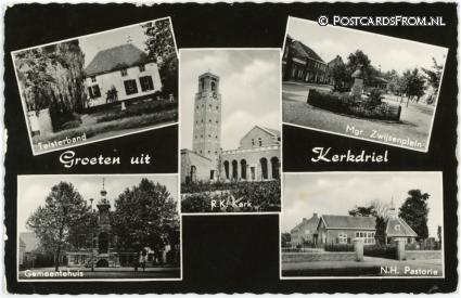 ansichtkaart: Kerkdriel, Teisterband - Mgr. Zwijsenplein - Gemeentehuis - N.H. Pastorie
