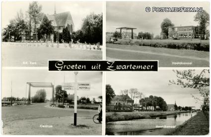 ansichtkaart: Zwartemeer, R.K. Kerk - Hoofdkanaal - Centrum