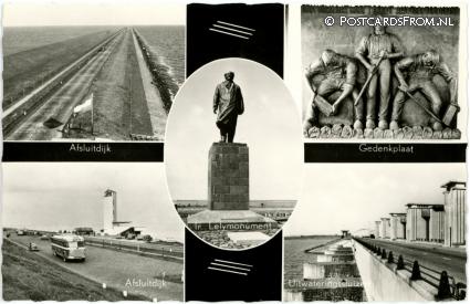 ansichtkaart: --, Afsluitdijk - Gedenkplaat - Lelymonument - Uitwateringssluizen