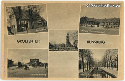 ansichtkaart: Rijnsburg, Spinozahuis - Kon. Wilhelminaschool - Tramhalte - Rapenburg