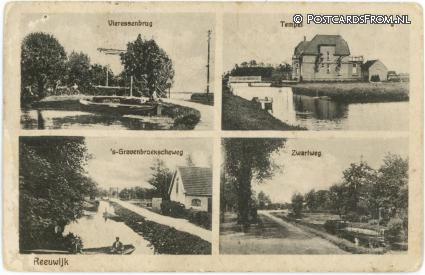 ansichtkaart: Reeuwijk, Vieressenbrug - Tempel - 's-Gravenbroekscheweg - Zwartweg