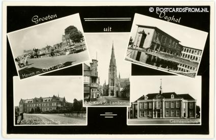 ansichtkaart: Veghel, Haven - R.K. Ambachtschool - St. Josphgasthuis - Gemeentehuis