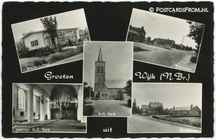 ansichtkaart: Wijk en Aalburg, Wijk. Kleuterschool - Kruispunt - N.H. Kerk - Bergstraat