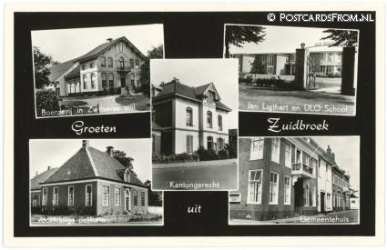 ansichtkaart: Zuidbroek, Boerderij in Zwitserse stijl - Kantongerecht - ULO - Pastorie