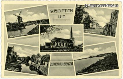 Zevenhuizen ZH, Molen a.d. Rotte - Dorpstraat - N.H. Kerk - Zijde - Rottemeer ansichtkaart: Zevenhuizen ZH, Molen a.d. Rotte - Dorpstraat - N.H. Kerk - Zijde - Rottemeer
