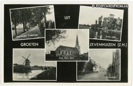 Zevenhuizen ZH, Noordelijke Dwarsweg - Korte Zijde - Molen - Dorpstraat ansichtkaart: Zevenhuizen ZH, Noordelijke Dwarsweg - Korte Zijde - Molen - Dorpstraat