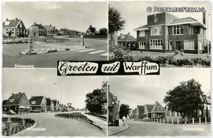 ansichtkaart: Warffum, Schaapweg - Gemeentehuis - Botervalge - Kalverstraat