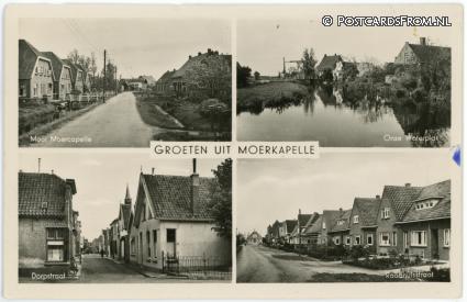 ansichtkaart: Moerkapelle, Onze Waterplas - Dorpstraat - Raadhuisstraat