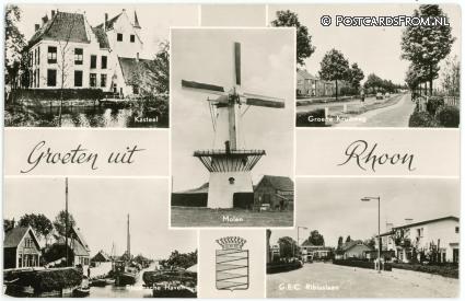 ansichtkaart: Rhoon, Kasteel - Molen - Groene Kruisweg - Haven -Ribluslaan