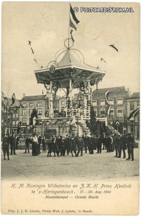 's-Hertogenbosch, Kon. Wilhelmina en Prins Hendrik 17-20 Aug. 1904 Muziektempel ansichtkaart: 's-Hertogenbosch, Kon. Wilhelmina en Prins Hendrik 17-20 Aug. 1904 Muziektempel