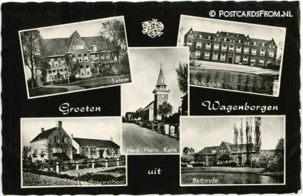 ansichtkaart: Wagenborgen, Salem - Rehoboth - N.H. Kerk - Landbouwschool - Bethesda