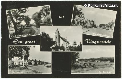 ansichtkaart: Vlagtwedde, Oud Westerwolde - Wilhelminastraat - Schoolstraat - De Berlage